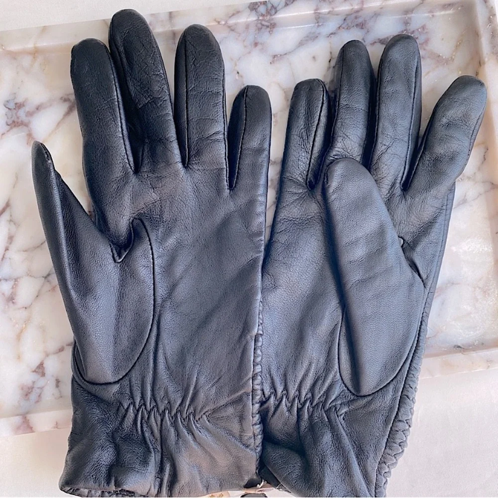 FOWNES ELEGANT GENUINE LEATHER RUCHED FLEECE LINED GLOVES DAINTY Black L